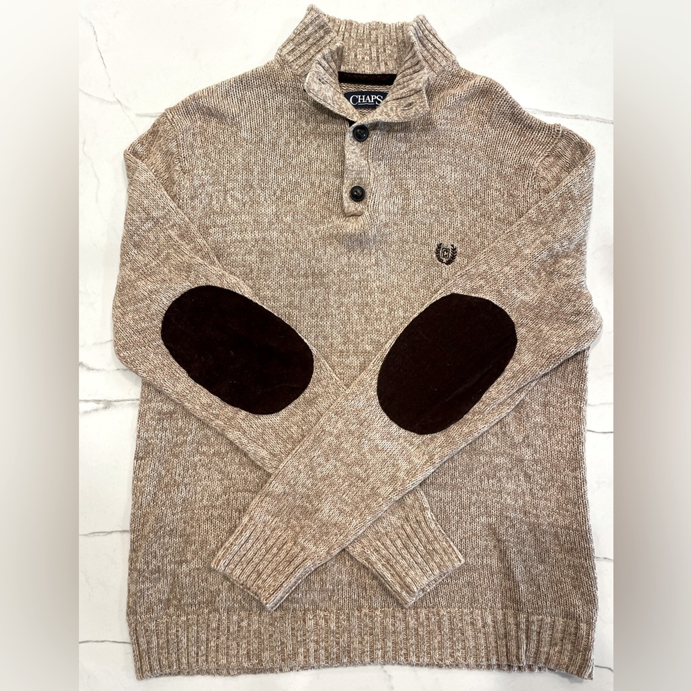 CHAPS Beige Mens 1/4 Button Pullover Sweater, w Elbow Patches, Size M
